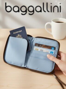 Baggallini RFID Travel Wallet Clutch Brown Nylon Passport Organizer Wristlet Zip